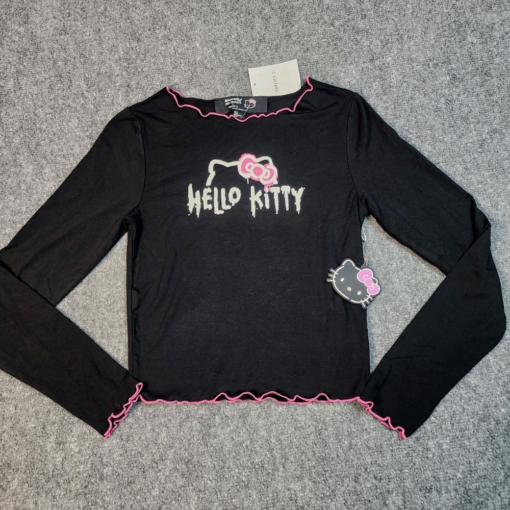 Forever 21 Hello Kitty Baby Tee S NWT Goth Y2K Long Sleeve Black Top Halloween